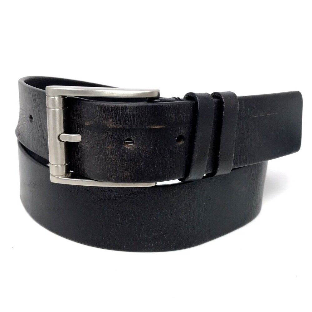 VTG Black Leather Mens Belt Distressed Chunky Silver Tone Buckle 1.5” Size 40